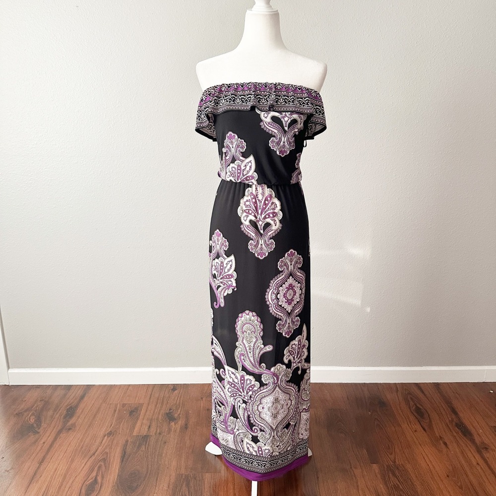 WHBM Strapless Black/Purple Paisley Jersey Blouson Maxi‎ Dress size medium